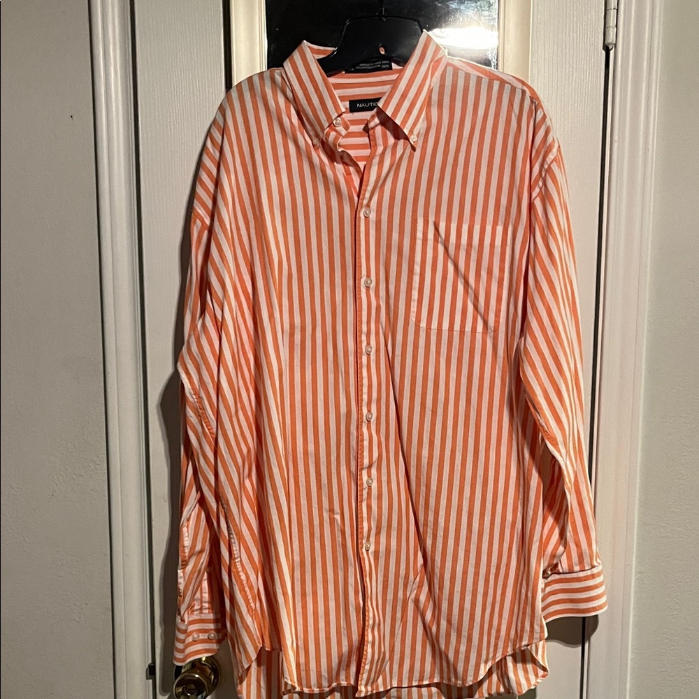 Nautica Men's Orange and White Striped Shirt